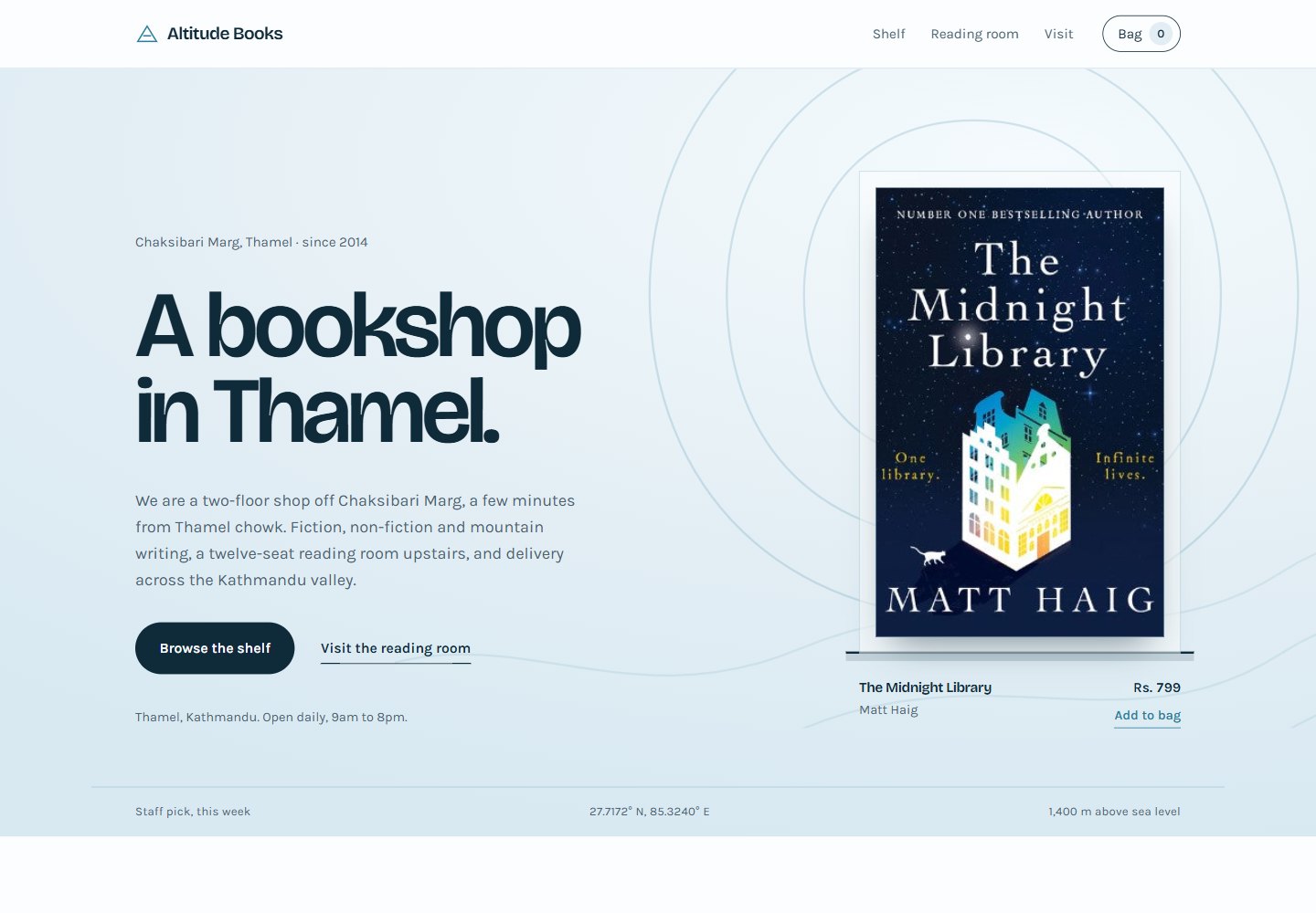 Homepage of the Altitude Books concept: an ice-blue page with the headline 'A bookshop in Thamel.'
