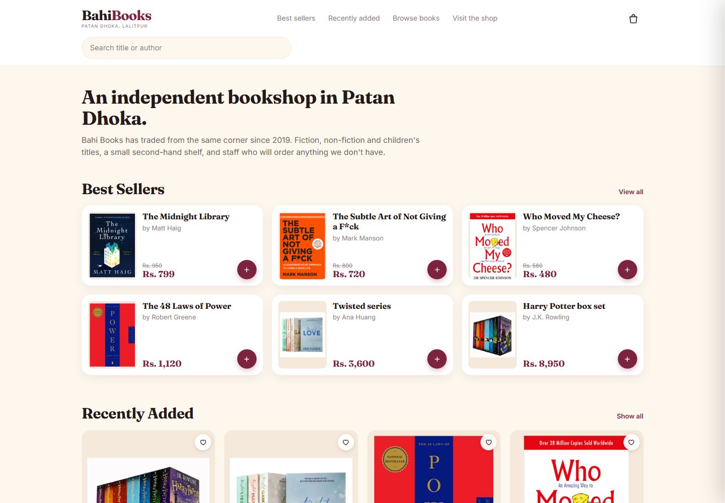 Homepage of the Bahi Books concept: a cream page with wine accents, a serif shop introduction and book cards with round add buttons.