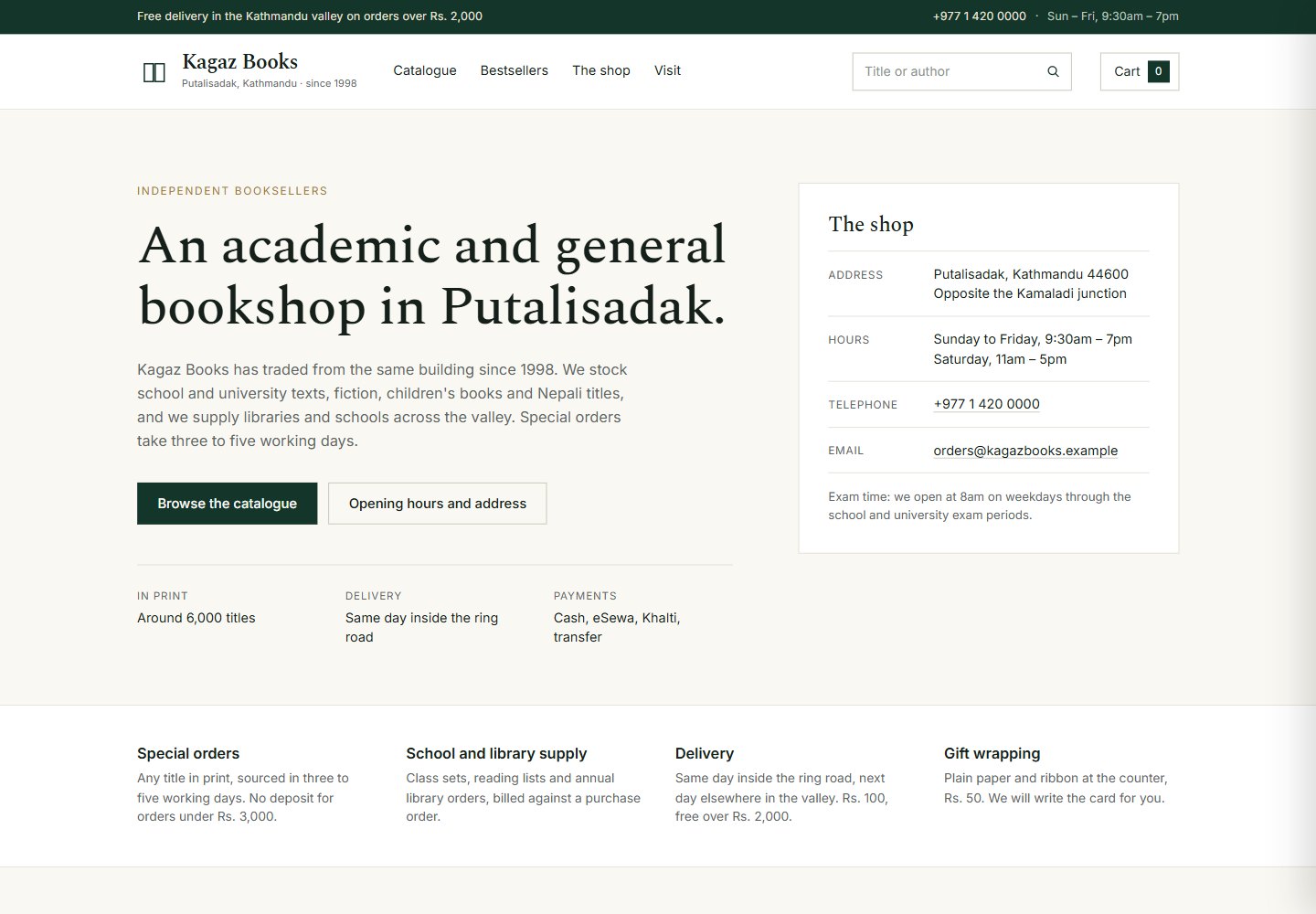 Homepage of the Kagaz Books concept: an ivory page with a deep green header, a serif headline and a filterable catalogue of books.