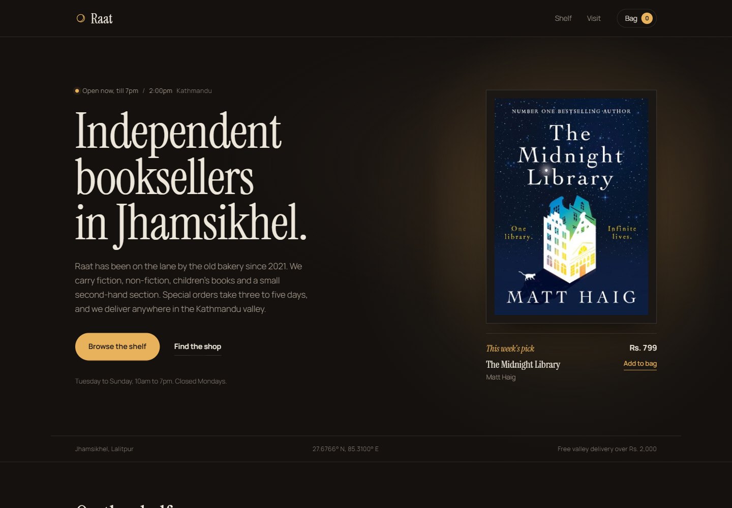 Homepage of the Raat Books concept: a dark page with a large serif headline and a warmly lit book cover.